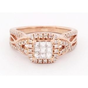 Diamond Engagement Ring Princess & Round 10K Rose Gold - Size 4,5,6,7
